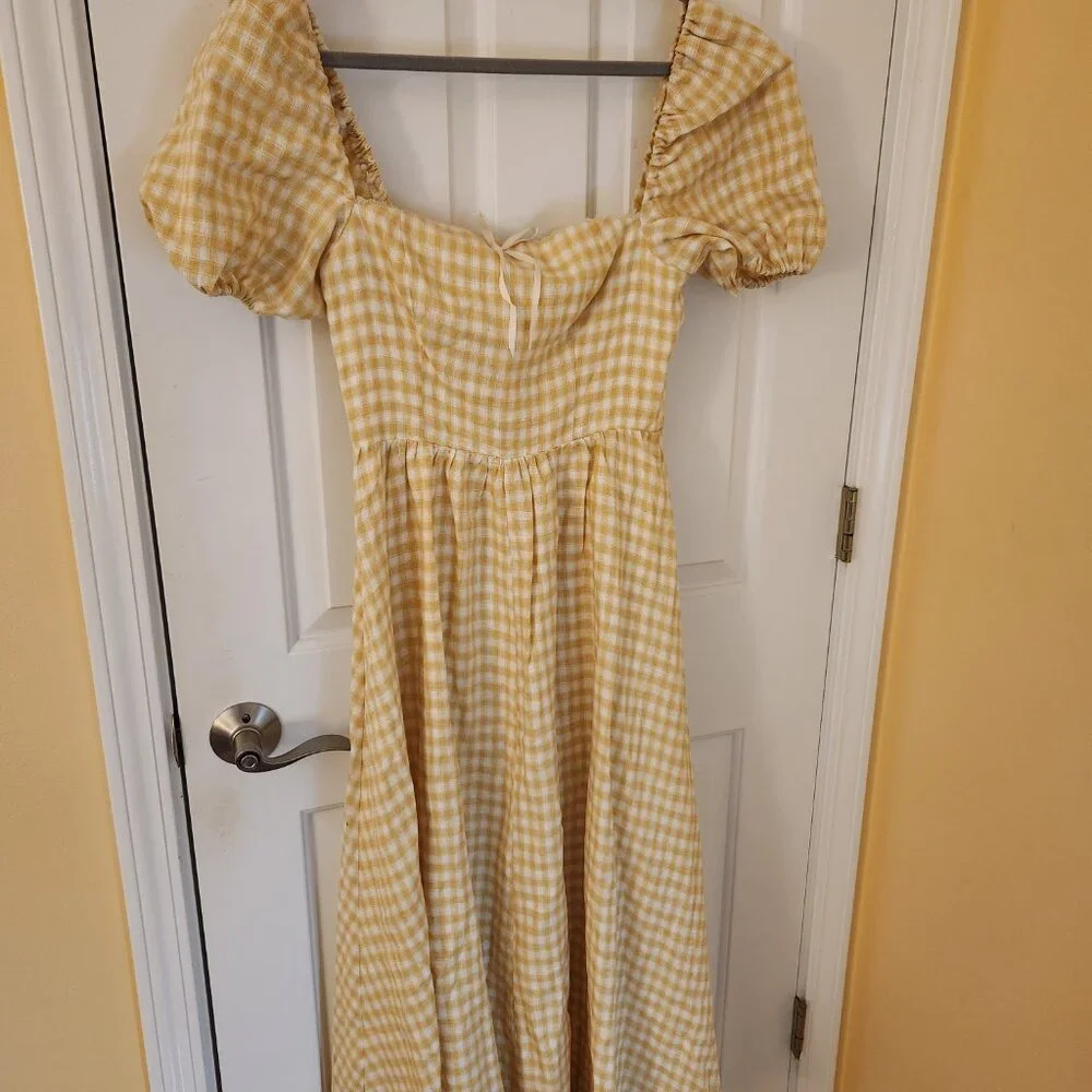 Reformation Marella Linen Dress in Sunshine Check - Picture 2 of 5